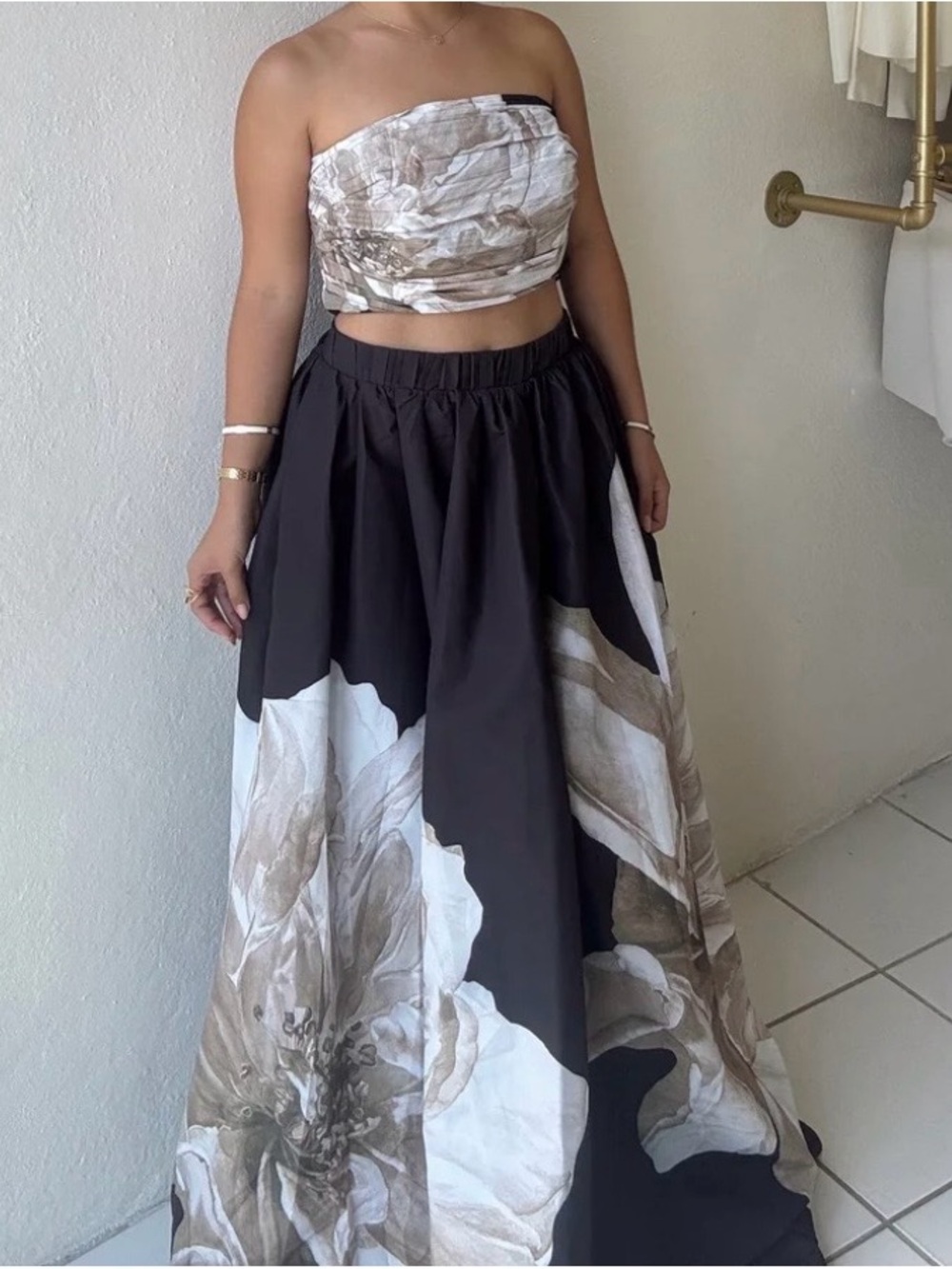 Maxi Floral Printed Full Skirt in Black and Taupe
